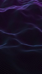 Abstract landscape on a dark background. Cyberspace navy blue grid. Hi-tech network. 3D illustration