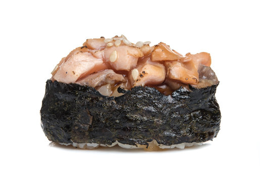 Burn salmon sushi isolated on white background