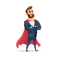 Charming bearded businessman wearing a superhero cloak. Manager is a hero. Modern flat character design.