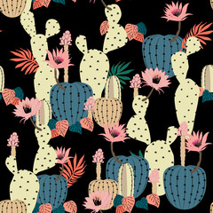 Hand drawing Cactus Plant and flowers  Seamless Pattern. Exotic Tropical Summer Botanical Background in Vector