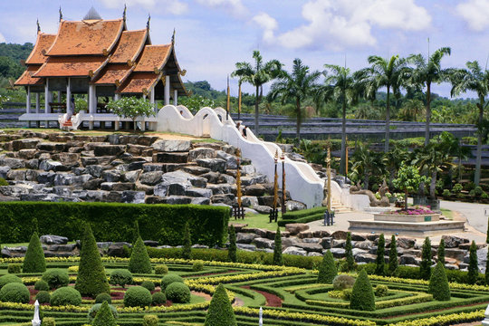 Oriental-style garden, Chinese pagoda, stone elevation, gardens in Thailand