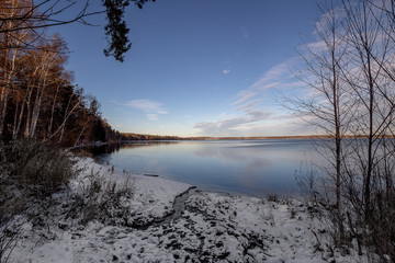 winter landscape with lake and trees
