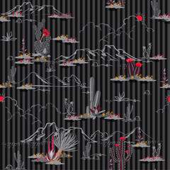 Monotone Desert with cactus and mountain  flowers seamless pattern on stripe hand drawn style design for fashon,fabric,and all prints
