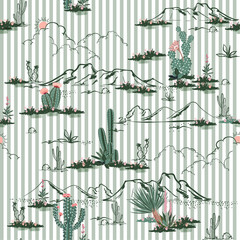 Desert with cactus and mountain  flowers seamless pattern on stripe hand drawn style design for fashon,fabric,and all prints © MSNTY_STUDIOX
