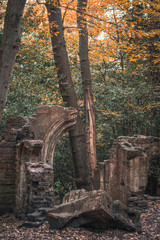 Naklejka premium Ruins of building in forest with autumn/fall colours