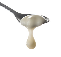 Sour cream in spoon isolated on white background