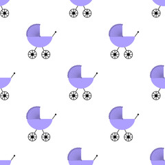 Baby pram seamless pattern on white background. Vector illustration