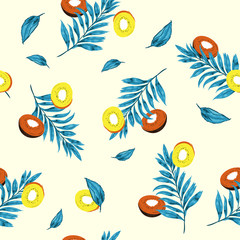 Colorful summer seamless pattern kiwi fruit slices with palm leaves on cream color background contrast with colorful kiwaii