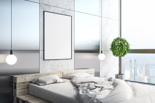 Modern bedroom with empty poster