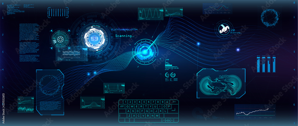 Poster Data flow analysis. Big data algorithms visualization, technologies infographic analytic in HUD style. Futuristic interface. Statistics big data, analytical indicator and biology formuls. Vector Hud