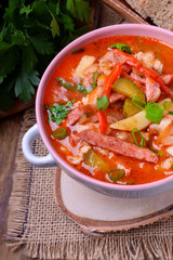 Rassolnik soup with pickled cucumbers. Russian cuisine meal