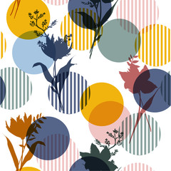 Vector botanic silhouette floral seamless pattern on modern colorful stripe polka dot, delicate flower wallpaper, wild flowers