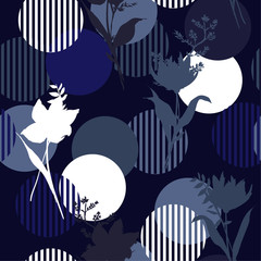 Monotone blue Vector botanic  silhouette floral seamless pattern on modern colorful stripe polka dot, delicate flower