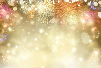 Abstract festive winter bokeh background with fireworks and bokeh lights
