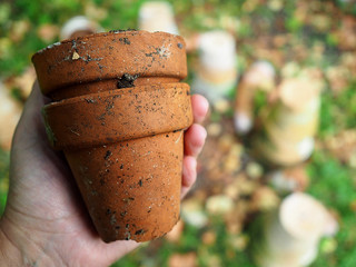 Mano con tiestos de barro con tierra