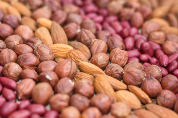Natural background made from different kinds of nuts. Peanuts, hazelnuts, almonds mix
