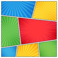 Comic page frame. Funny superhero comics book empty pages with radial lines or stripes background vector template - obrazy, fototapety, plakaty