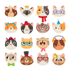 Cute cats heads. Cat muzzle, domestic kitty face wearing hat, scarf and color party glasses isolated cartoon vector set