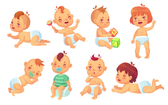 Cute baby. Happy cartoon babies, smiling and laughing toddler isolated vector character set