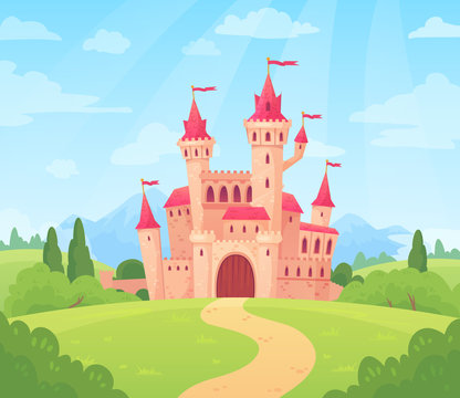 Fairytale landscape with castle. Fantasy palace tower, fantastic fairy house or magic castles kingdom cartoon vector background