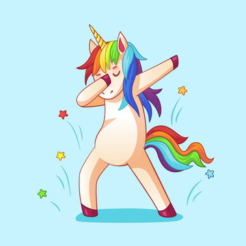 Dabbing unicorn. Dab dancing meme pose, dreamy horse in cool glasses. Memes dance cartoon vector illustration