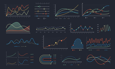 Line graph. Linear chart growth, business diagram graphs and colorful histogram graph isolated vector set - obrazy, fototapety, plakaty