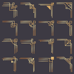 Art deco corner. Modern graphic corners for vintage gold pattern border. Golden 1920s fashion decorative lines frame vector set © Tartila