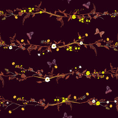 Dark maroon color Vector Seamless Pattern Hand Drawn Artwork Isolated yellow and orange Flowers and butterflies