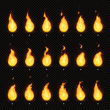Fire animation. Flaming flame, fiery blaze and animated blazing fire flames isolated vector animations frames