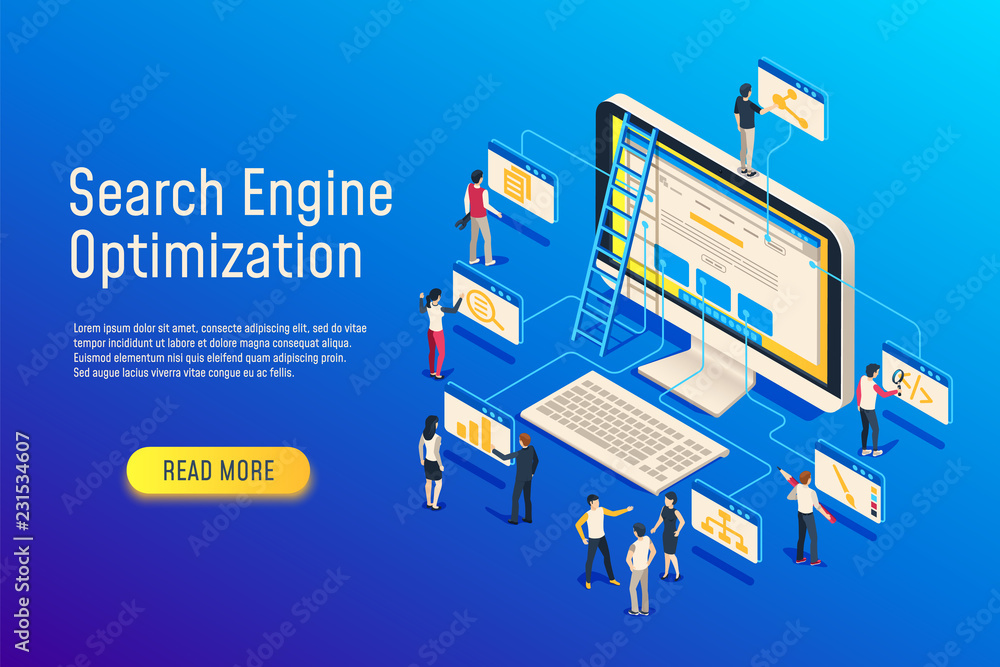 Poster isometric seo optimization. website team computer optimizing. 3d seo web site optimize vector illust