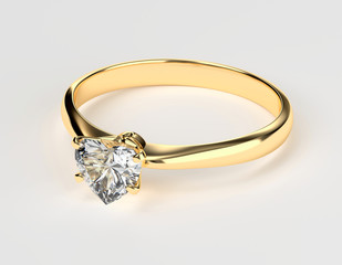 Heart Shape Gold Diamond Ring Isolated on white background, 3D rendering.