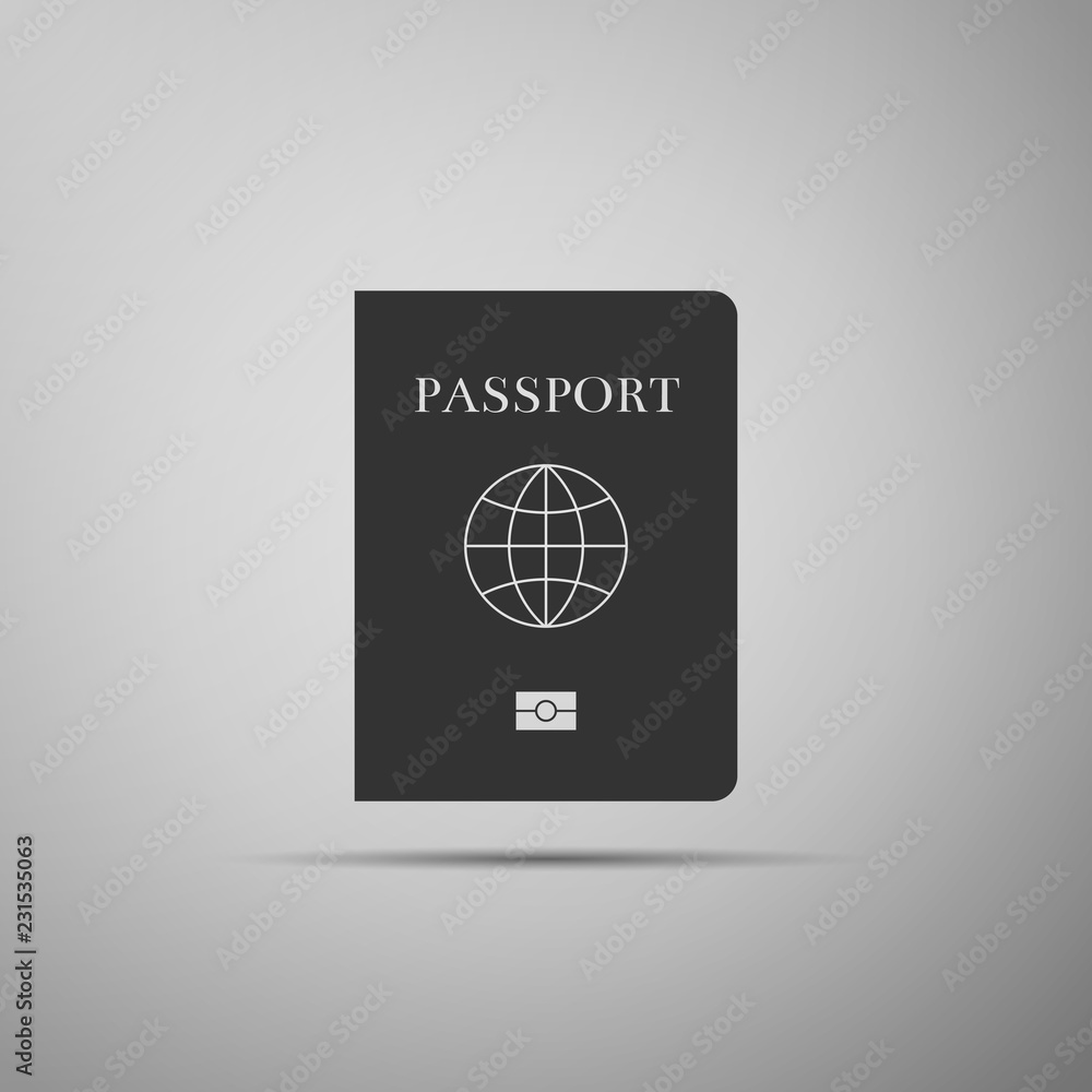 Poster passport with biometric data icon isolated on grey background. identification document. flat design.