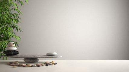 Empty interior design feng shui concept zen idea, white table or shelf with pebble balance and...