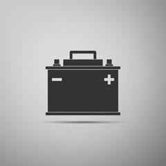 Car battery icon isolated on grey background. Accumulator battery energy power and electricity accumulator battery. Flat design. Vector Illustration