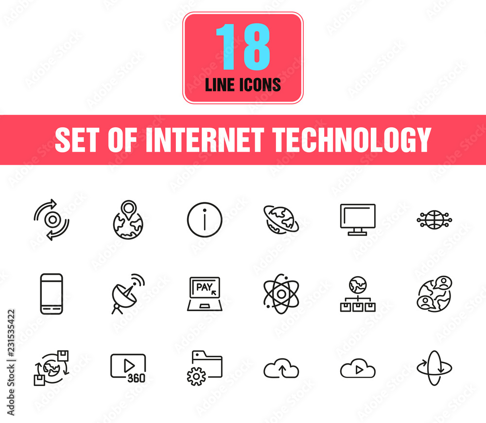 Poster internet technology icons. set of line icons. cloud, social media, thumb up. internet technology con