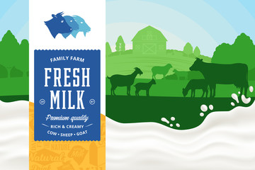 Milk illustration. Rural landscape. Milk splash