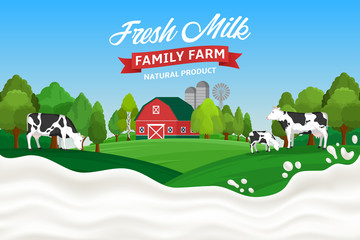 Vector milk illustration with cows, calves, farm and milk splash © Vlad Klok
