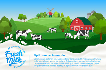 Vector milk illustration with cows, calves, farm and milk splash