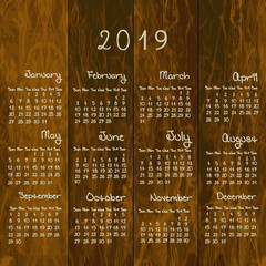 2019 rustic calendar on wood background