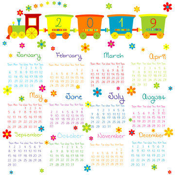 2019 Calendar with toy train and flowers for kids