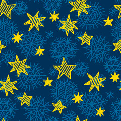 Gold star and blue snowflakes seamless pattern.