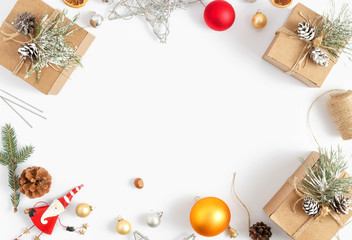 Frame Christmas decoration white background flat lay top view