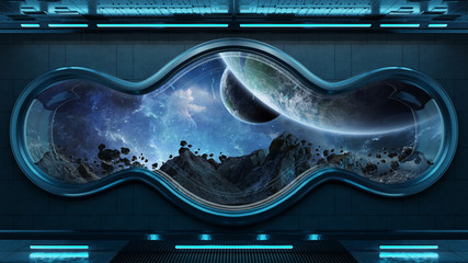 Black tech spaceship round window interior background 3D rendering