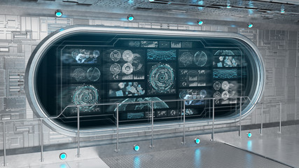 Dark futuristic spaceship with digital window 3d rendering