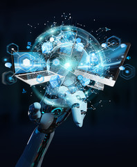 White cyborg hand connecting devices together 3D rendering