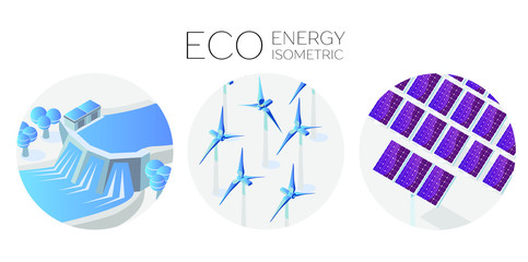 Alternative energy concept vector flat illustration. solar panel, wind turbines and hydroelectric power station. Isometric 3d