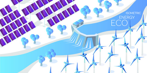 Alternative energy concept vector flat illustration. solar panel, wind turbines and hydroelectric power station. Isometric 3d