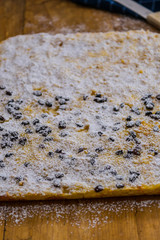 Apfelkuchen mit Quark, Rosinen und Puderzucker