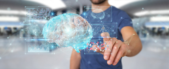 Businessman using digital 3D projection of a human brain 3D rendering