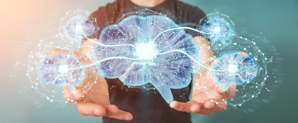 Businessman creating artificial intelligence in a digital brain 3D rendering